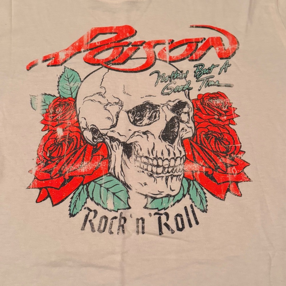 Poison Nothin But A Good Time Band Tee Skull Roses Graphic T-Shirt Off-White L - Picture 2 of 4